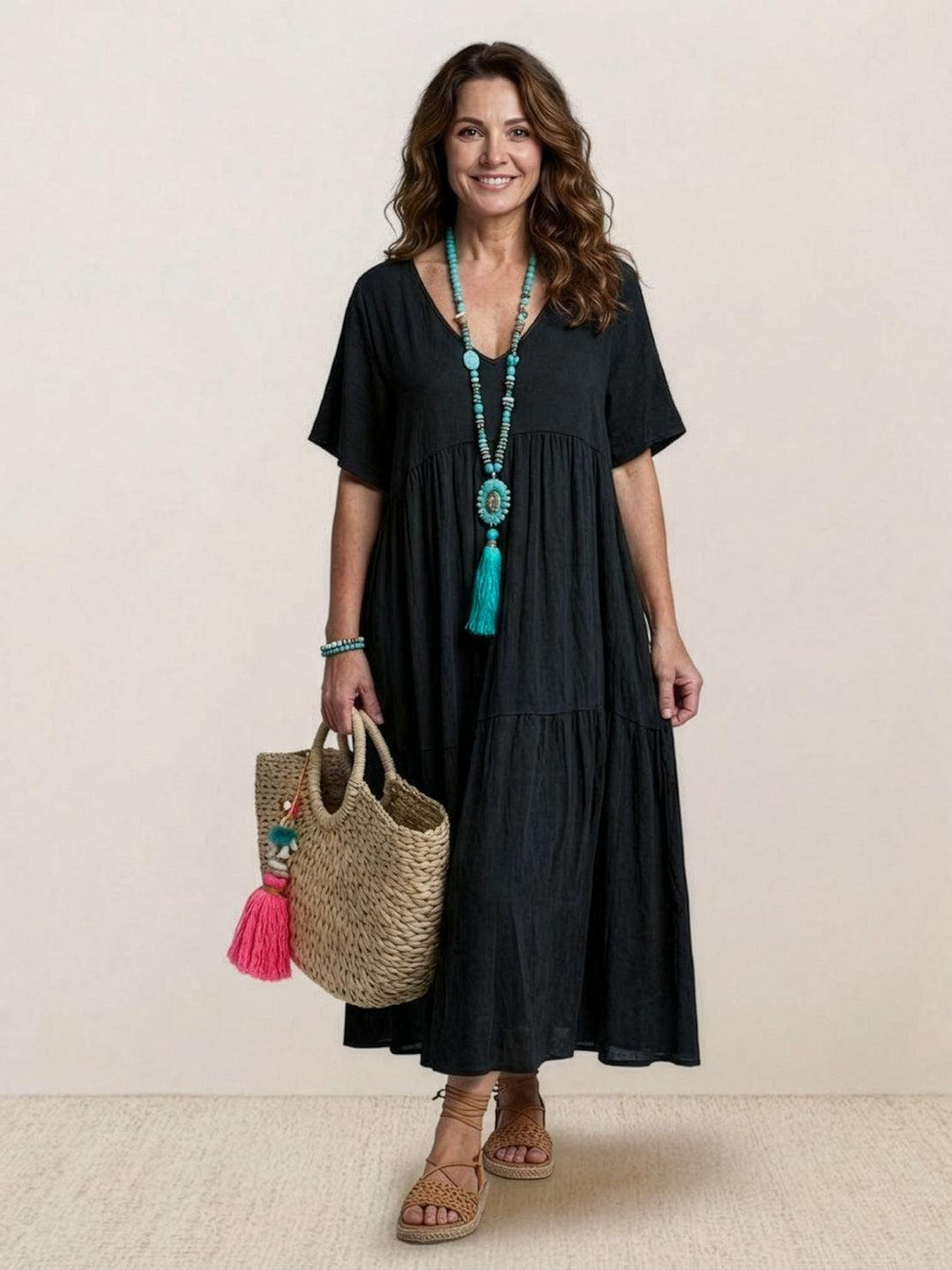 Boho Maxi Dress V-Neck Tiered Short Sleeve Swing - Black