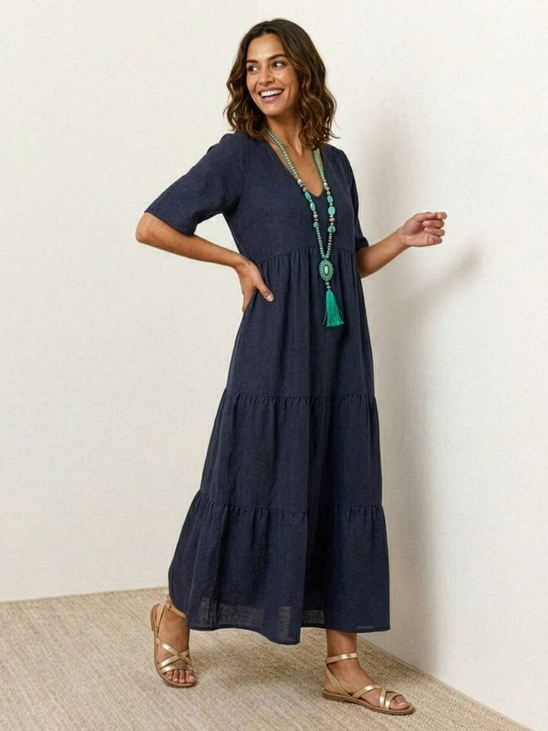 Boho Maxi Dress V-Neck Tiered Short Sleeve Swing - Navy Blue