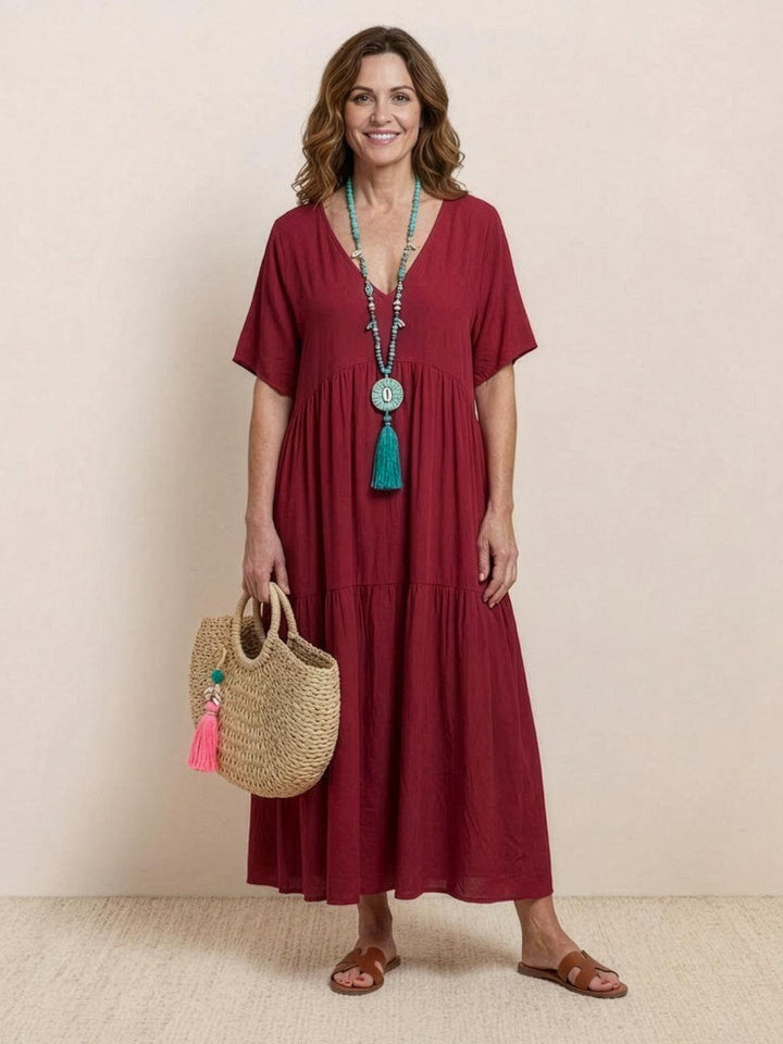 Boho Maxi Dress V-Neck Tiered Short Sleeve Swing - Red