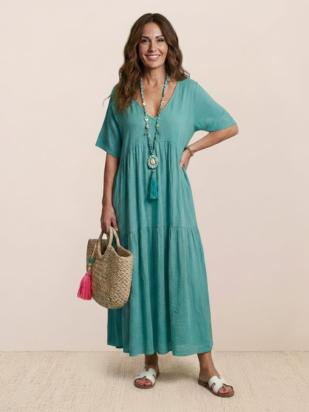 Boho Maxi Dress V-Neck Tiered Short Sleeve Swing - Peacock Blue
