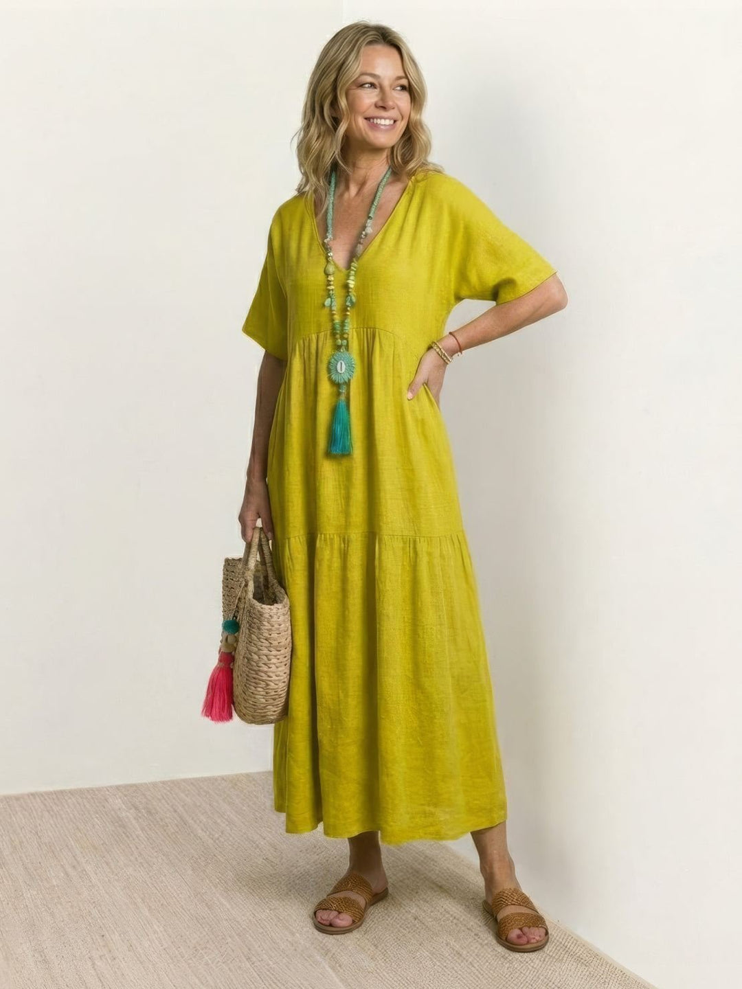 Boho Maxi Dress V-Neck Tiered Short Sleeve Swing - Yellow