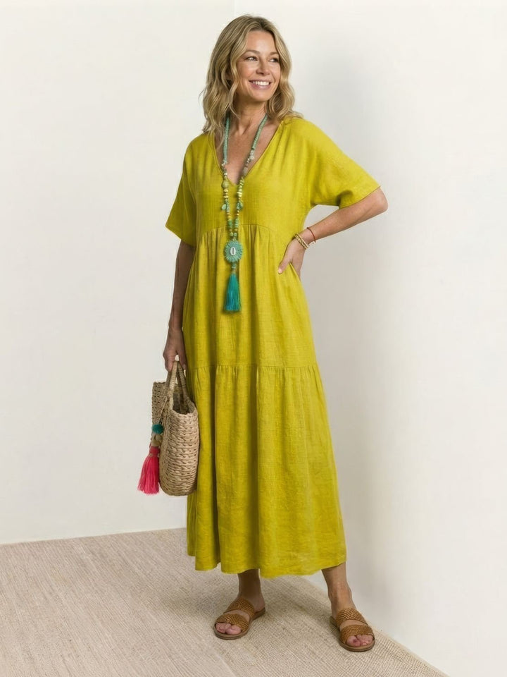 Boho Maxi Dress V-Neck Tiered Short Sleeve Swing - Yellow