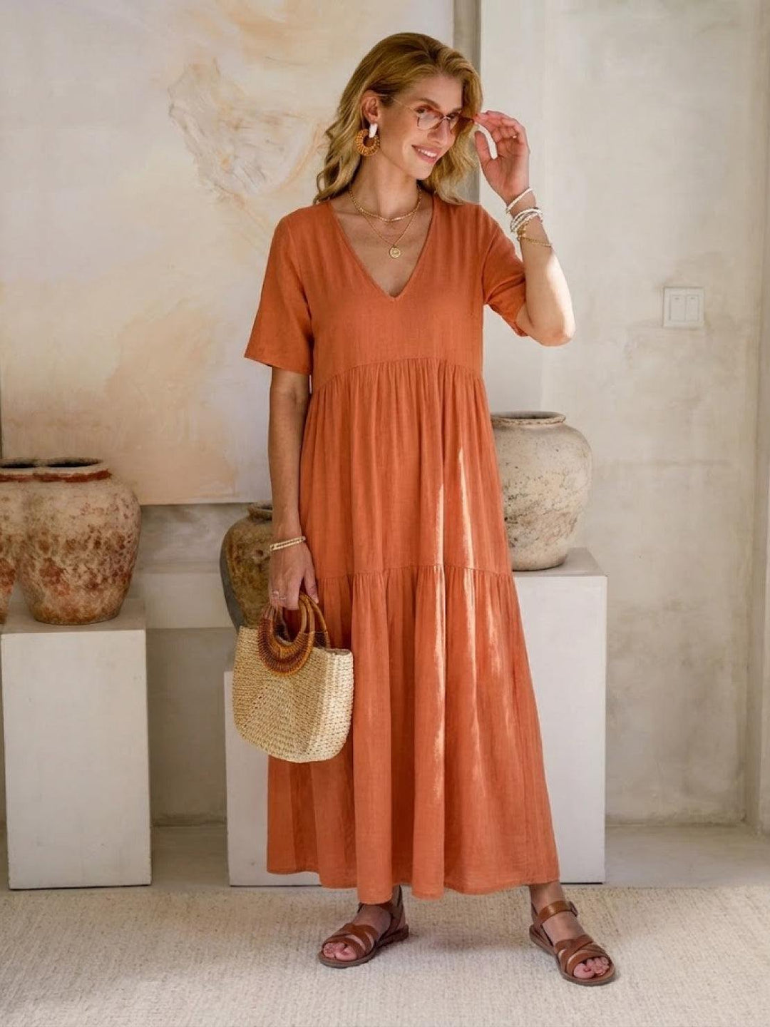 Boho Maxi Dress V-Neck Tiered Short Sleeve Swing