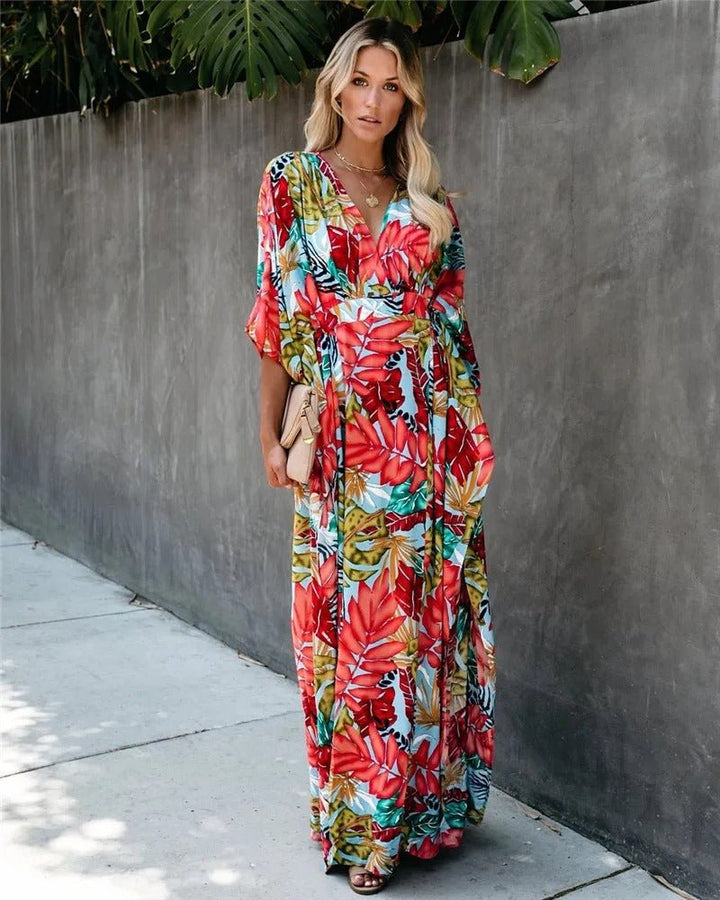Boho Maxi Wrap Dress Kimono Sleeves V-Neck Tropical Print