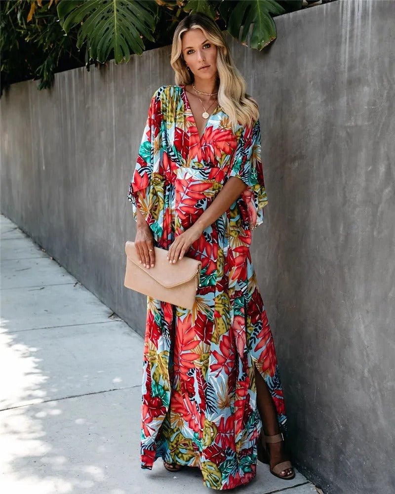 Boho Maxi Wrap Dress Kimono Sleeves V-Neck Tropical Print