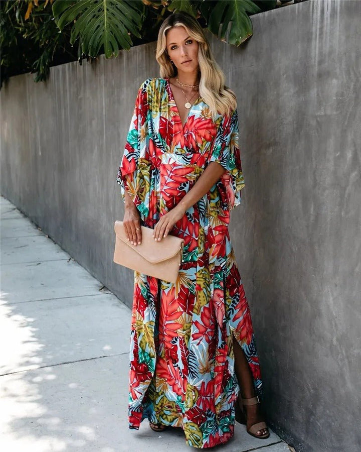 Boho Maxi Wrap Dress Kimono Sleeves V-Neck Tropical Print