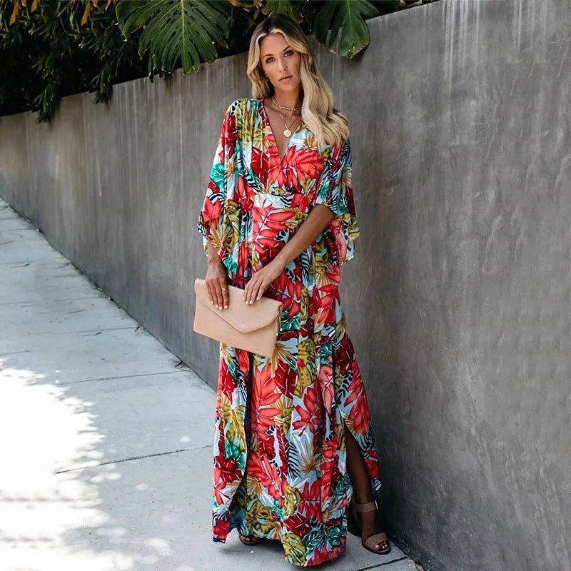 Boho Maxi Wrap Dress Kimono Sleeves V-Neck Tropical Print