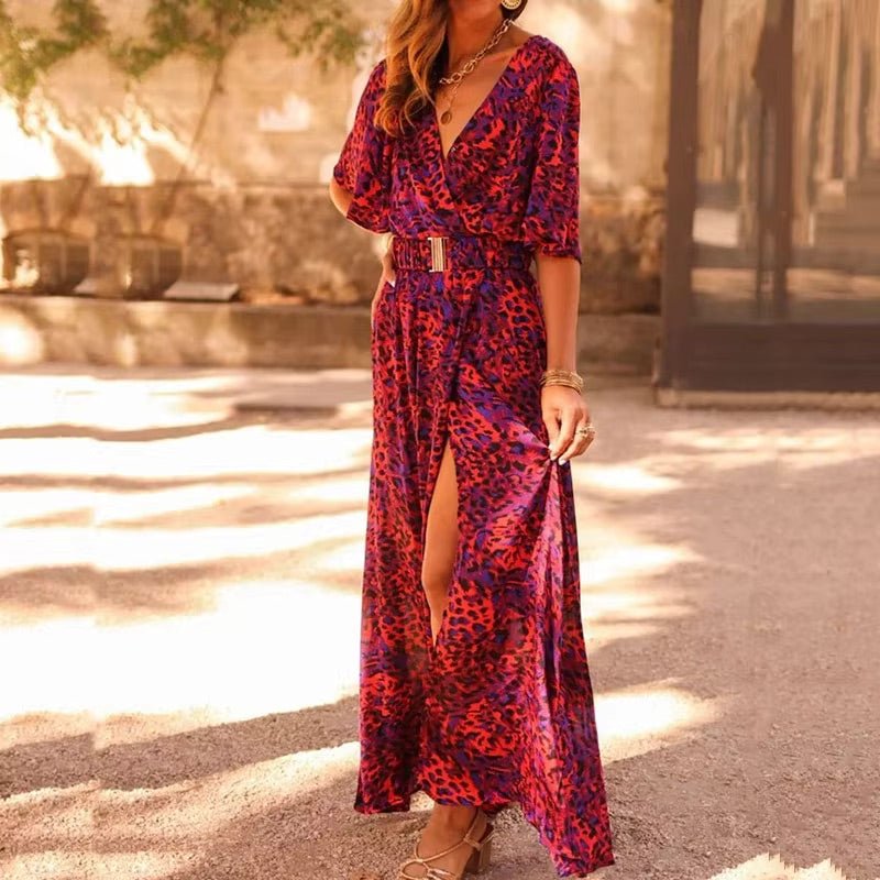 Boho Maxi Wrap Dress V-Neck Long Sleeve Summer