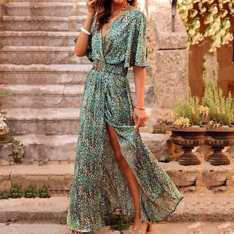 Boho Maxi Wrap Dress V-Neck Long Sleeve Summer - Green