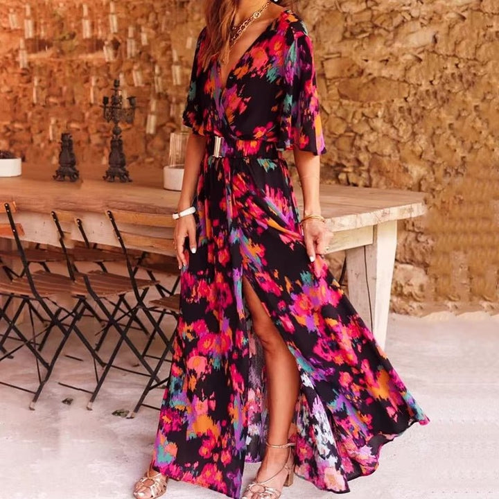 Boho Maxi Wrap Dress V-Neck Long Sleeve Summer - Black