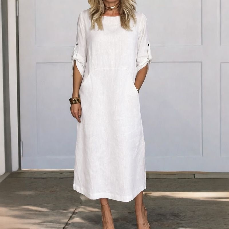 Boho Midi Dress A-Line Loose Fit Roll-Up Sleeves - White