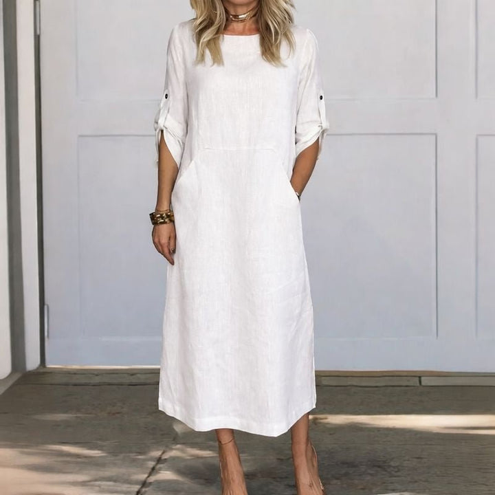 Boho Midi Dress A-Line Loose Fit Roll-Up Sleeves - White