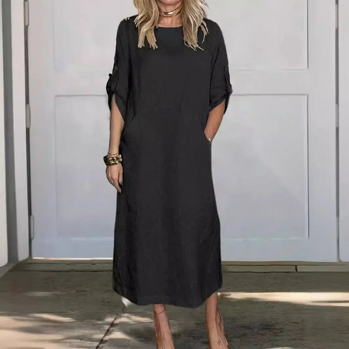 Boho Midi Dress A-Line Loose Fit Roll-Up Sleeves - Black