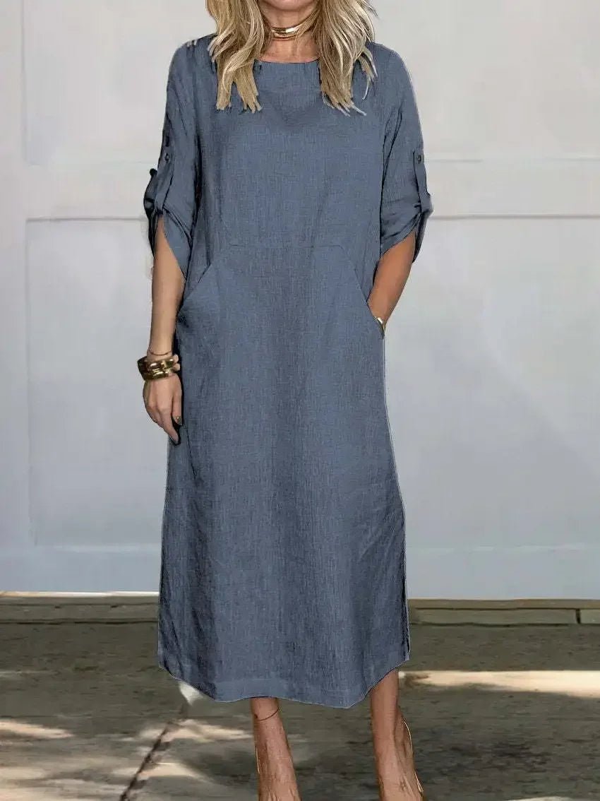 Boho Midi Dress A-Line Loose Fit Roll-Up Sleeves - Blue
