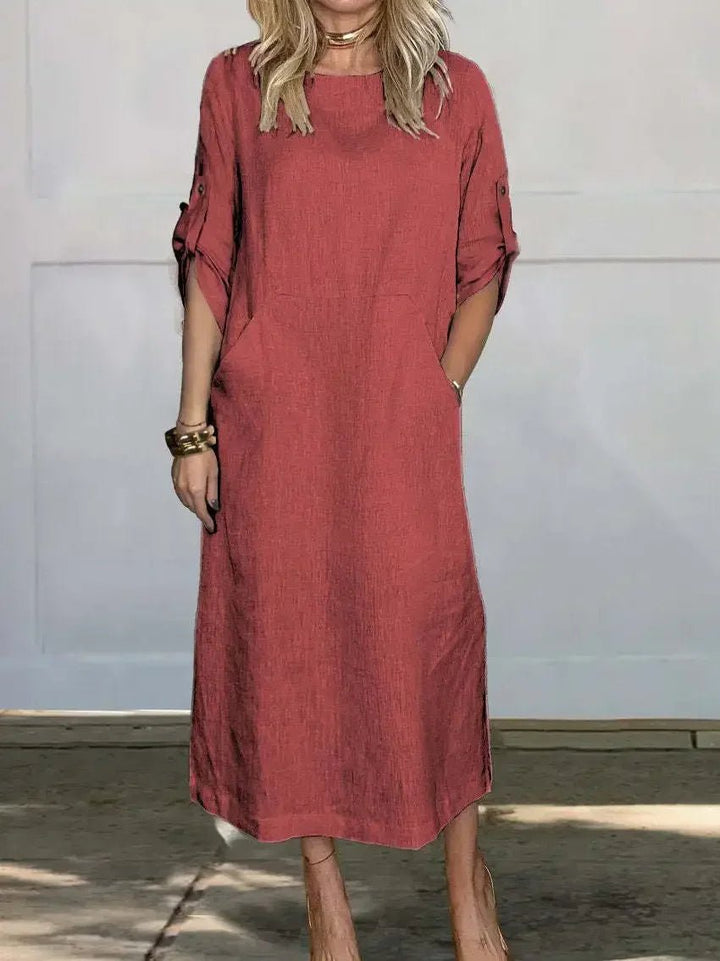 Boho Midi Dress A-Line Loose Fit Roll-Up Sleeves - Red