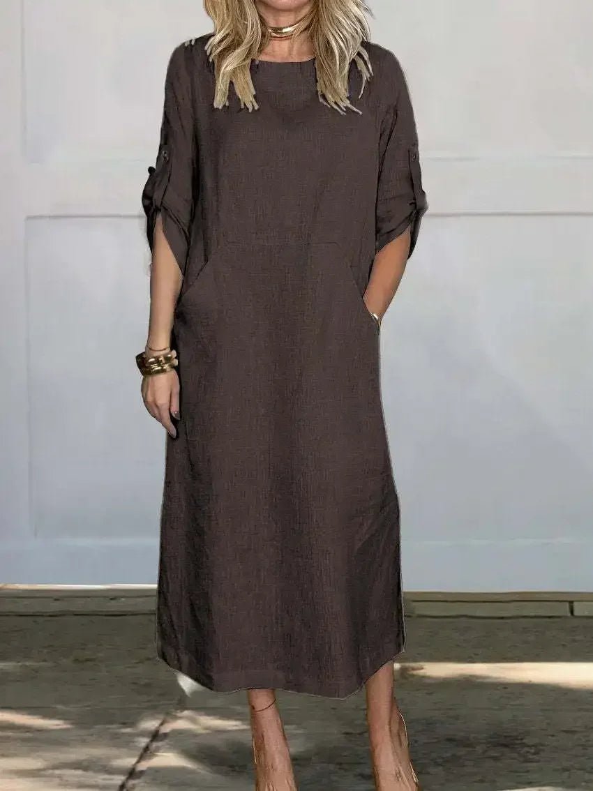 Boho Midi Dress A-Line Loose Fit Roll-Up Sleeves - Coffee