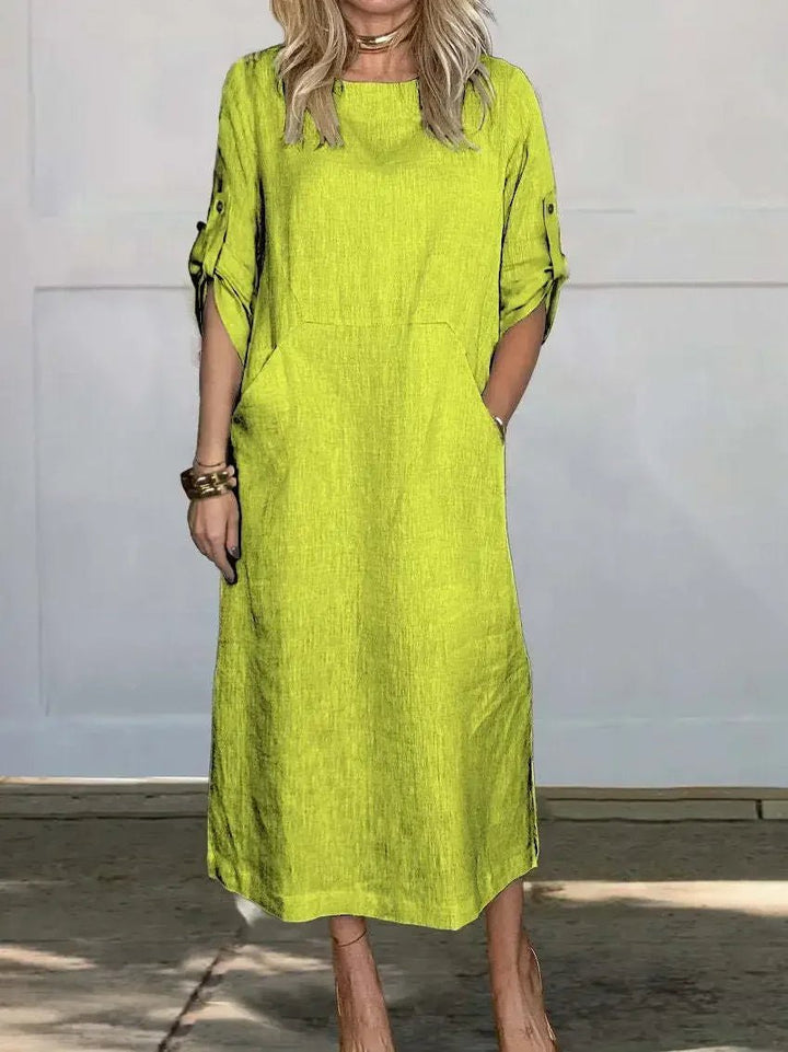 Boho Midi Dress A-Line Loose Fit Roll-Up Sleeves - Yellow