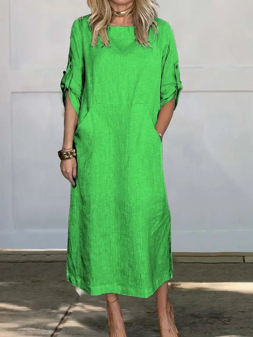 Boho Midi Dress A-Line Loose Fit Roll-Up Sleeves - Light Green