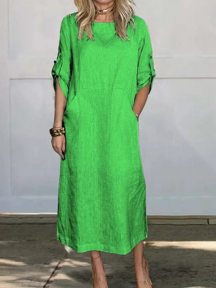 Boho Midi Dress A-Line Loose Fit Roll-Up Sleeves - Light Green