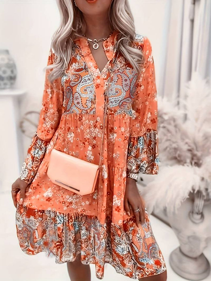 Boho Midi Dress Floral Print Long Sleeve V-Neck - Orange