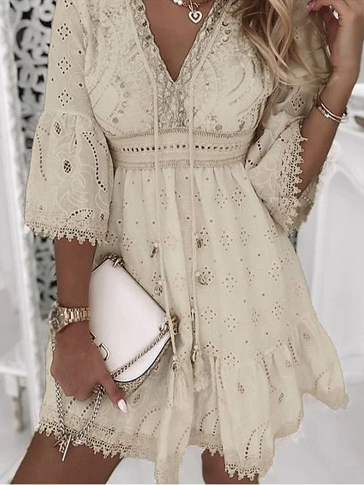Boho Mini Dress V-Neck Lace Bell Sleeves A-Line - Beige