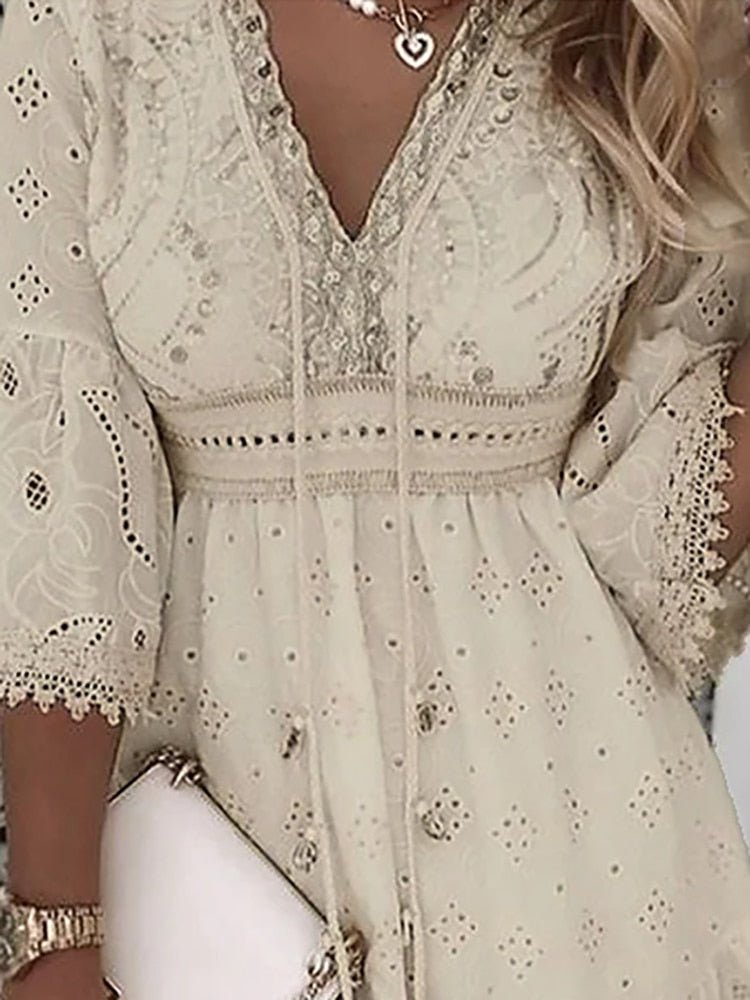 Boho Mini Dress V-Neck Lace Bell Sleeves A-Line