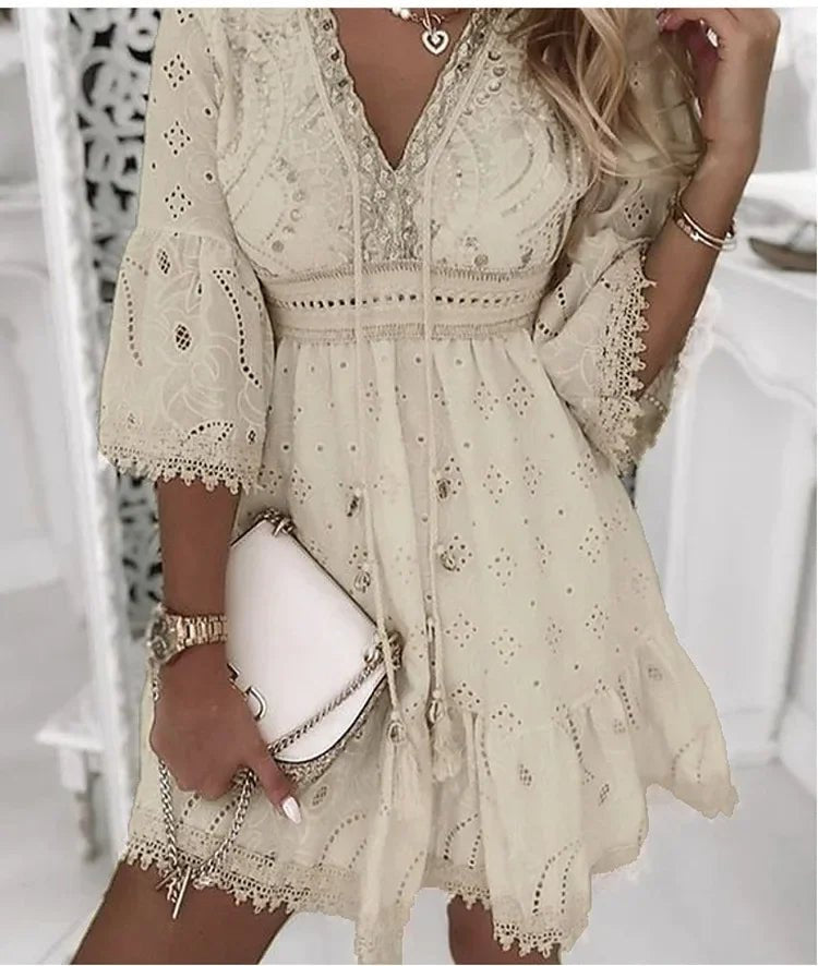 Boho Mini Dress V-Neck Lace Bell Sleeves A-Line