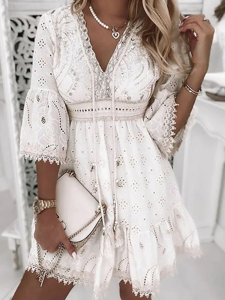 Boho Mini Dress V-Neck Lace Bell Sleeves A-Line - White