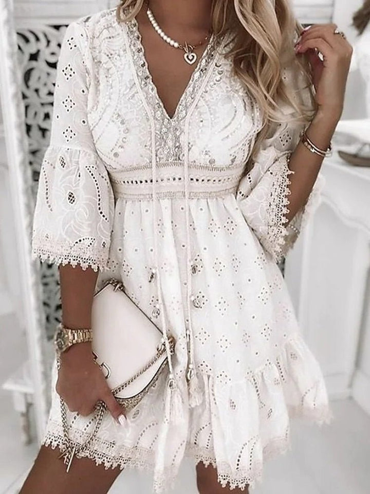 Boho Mini Dress V-Neck Lace Bell Sleeves A-Line - White