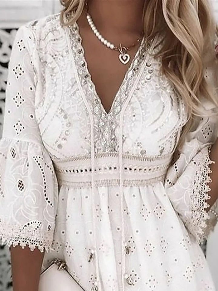 Boho Mini Dress V-Neck Lace Bell Sleeves A-Line
