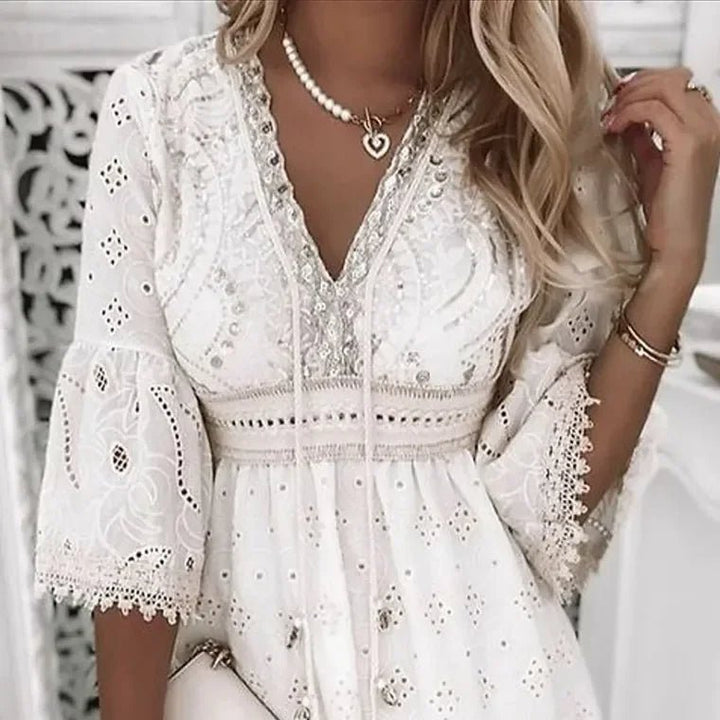 Boho Mini Dress V-Neck Lace Bell Sleeves A-Line