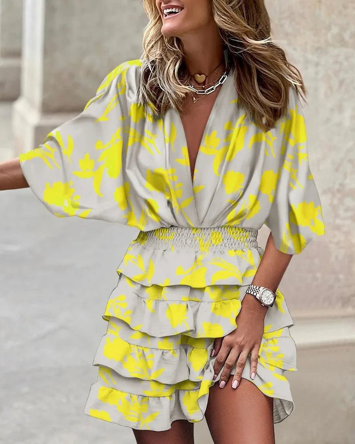 Boho Mini Dress V-Neck Smocked Waist Ruffle Floral Print - Yellow
