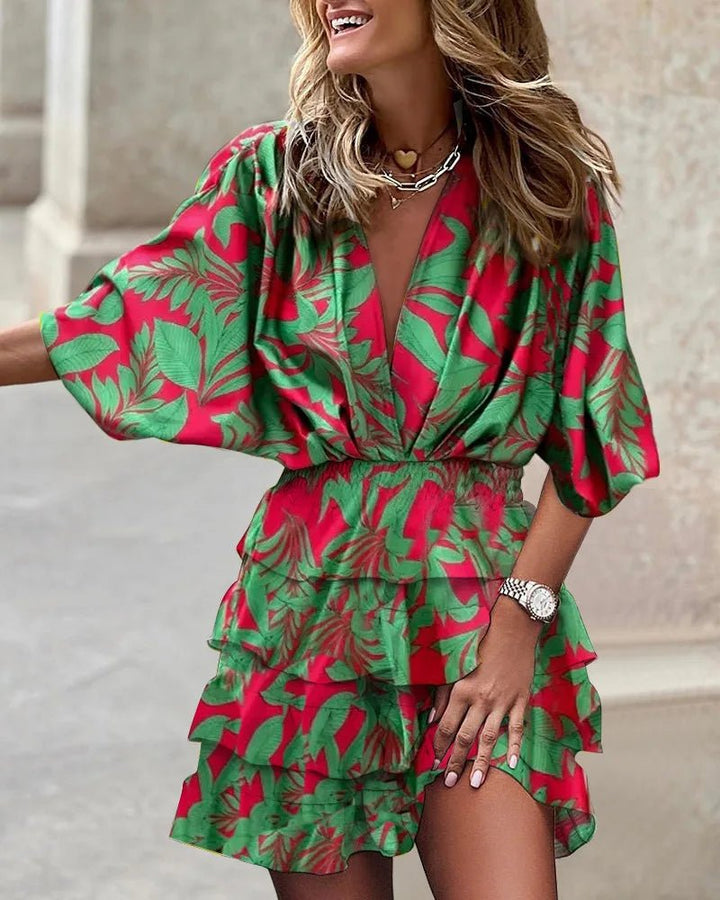 Boho Mini Dress V-Neck Smocked Waist Ruffle Floral Print - Green