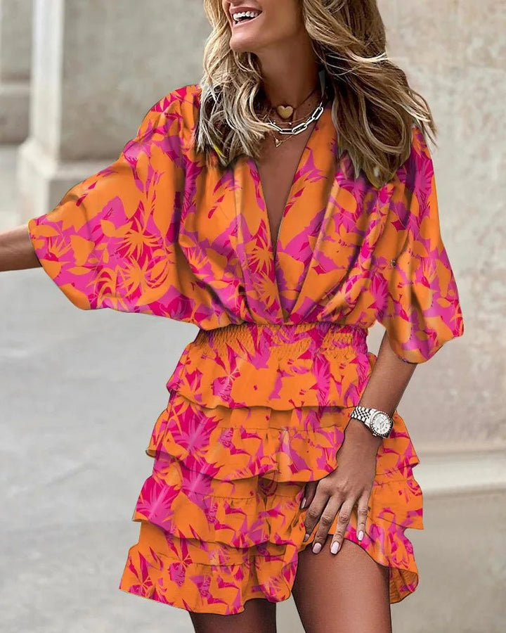 Boho Mini Dress V-Neck Smocked Waist Ruffle Floral Print - Orange