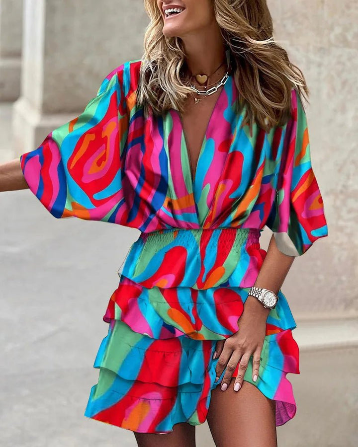 Boho Mini Dress V-Neck Smocked Waist Ruffle Floral Print - Multicolor