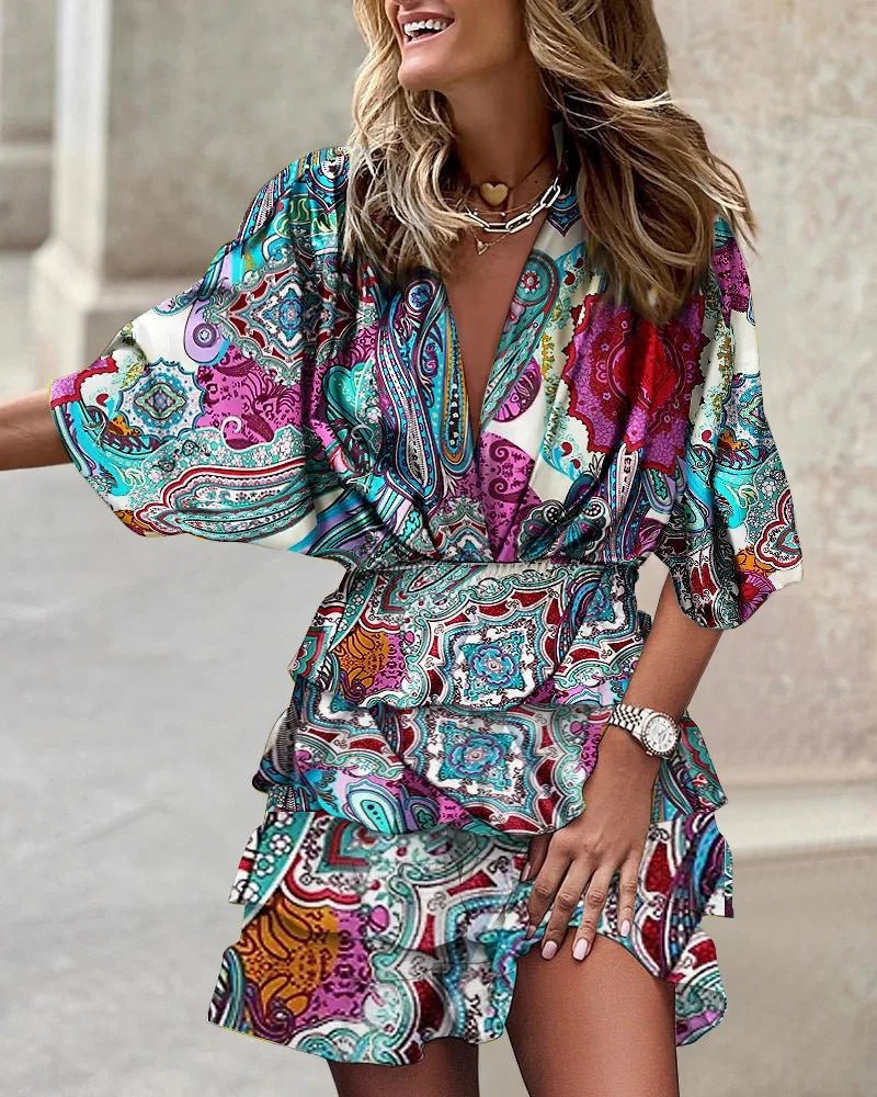 Boho Mini Dress V-Neck Smocked Waist Ruffle Floral Print - Blue