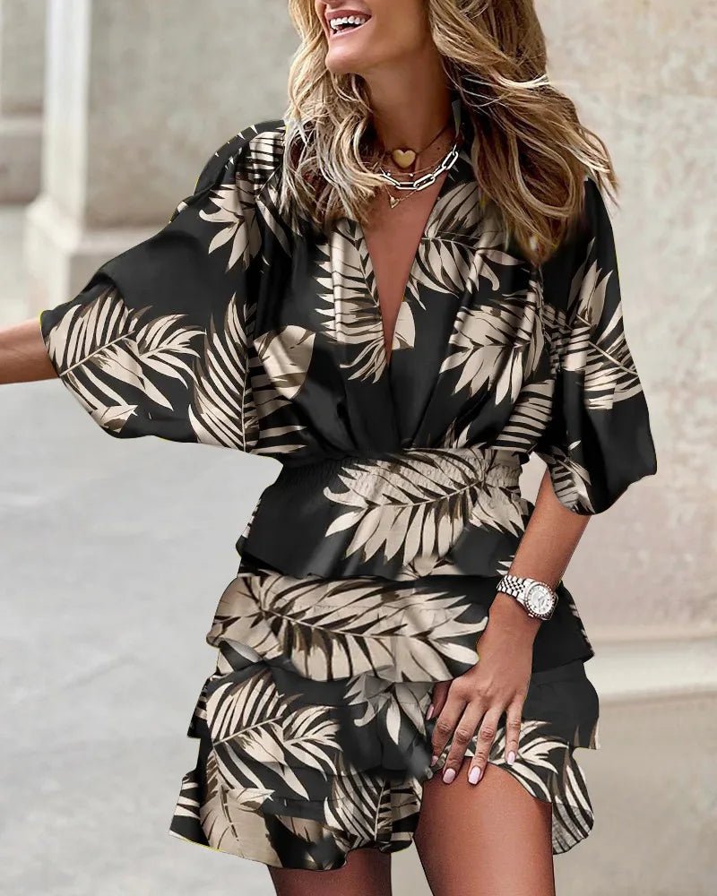Boho Mini Dress V-Neck Smocked Waist Ruffle Floral Print - Black