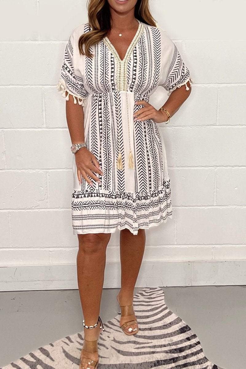 Boho Mini Dress V-Neck Tassel Print Short Sleeve Summer - Gray