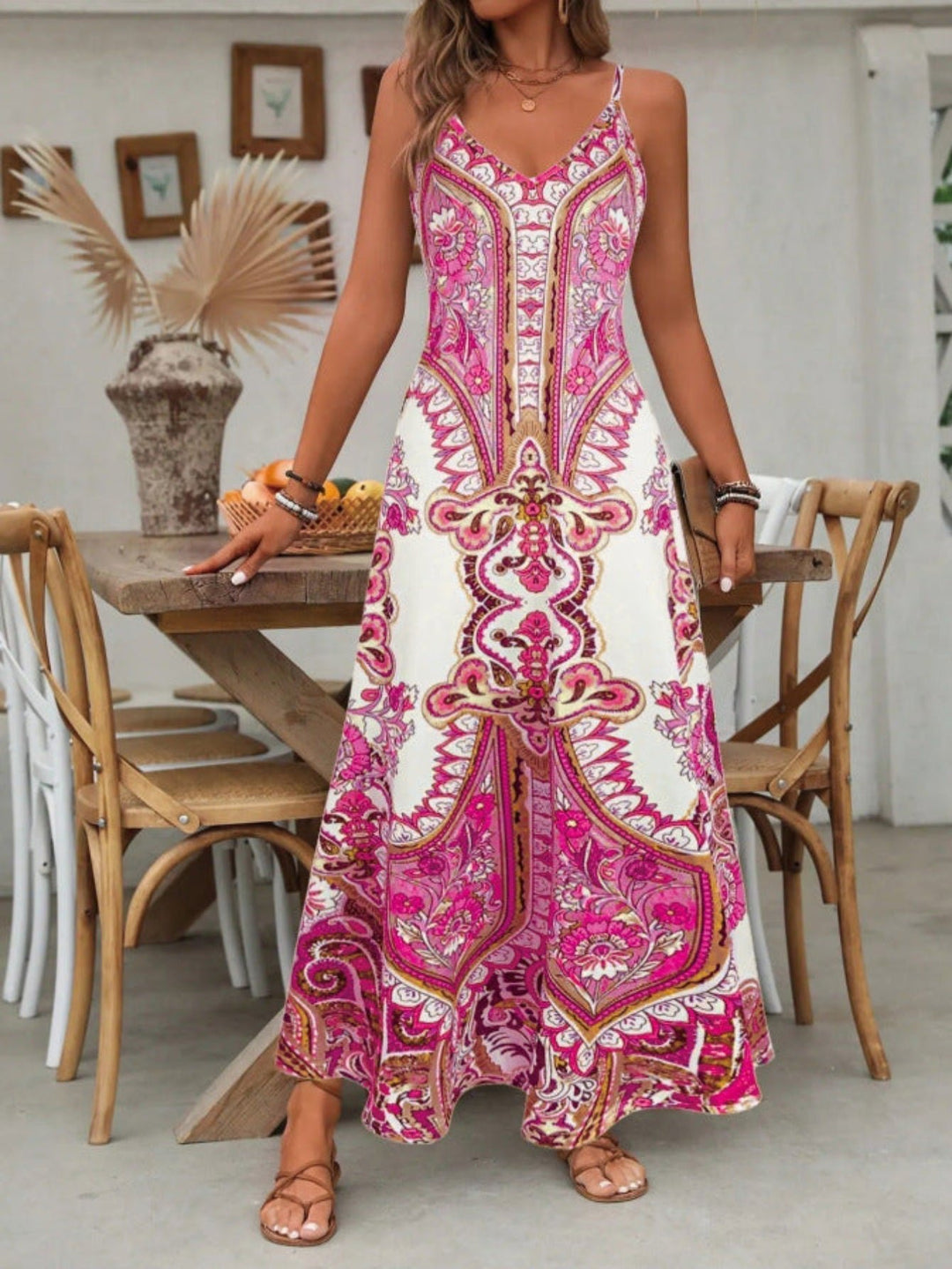 Boho Paisley Maxi Dress V-Neck Spaghetti Strap Summer - Rose Red