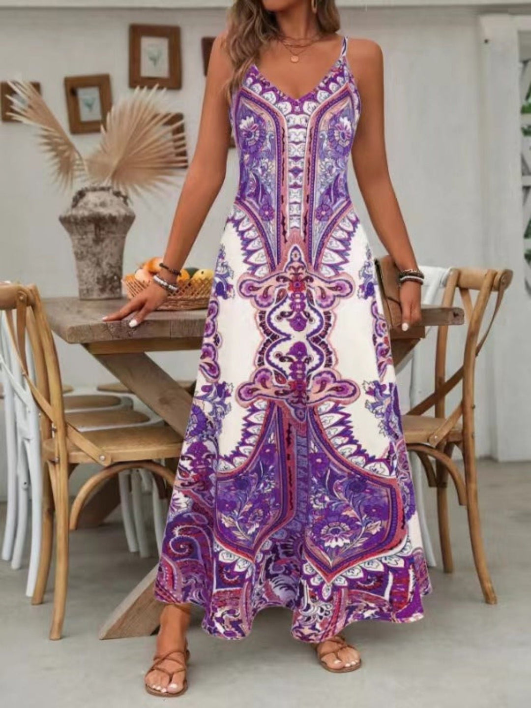 Boho Paisley Maxi Dress V-Neck Spaghetti Strap Summer - Purple