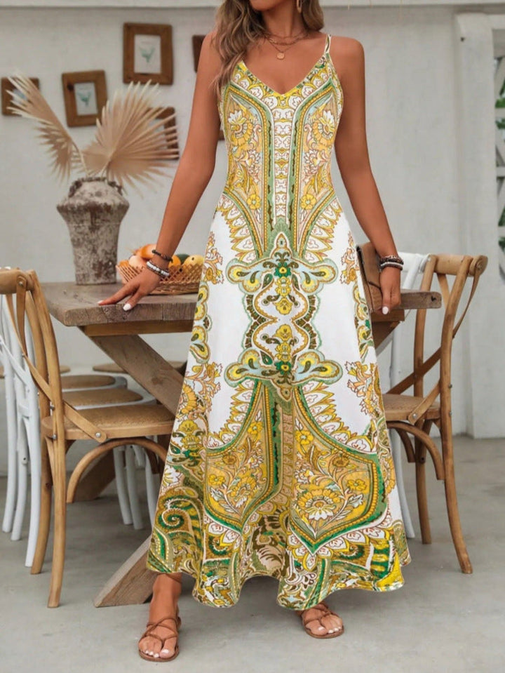 Boho Paisley Maxi Dress V-Neck Spaghetti Strap Summer - Yellow
