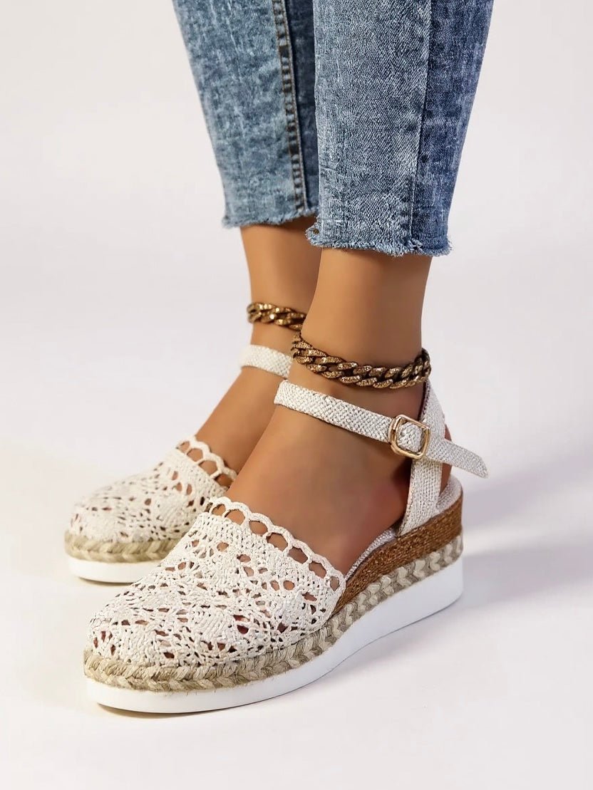 Boho Platform Sandals Crochet Woven Espadrille Women - Beige