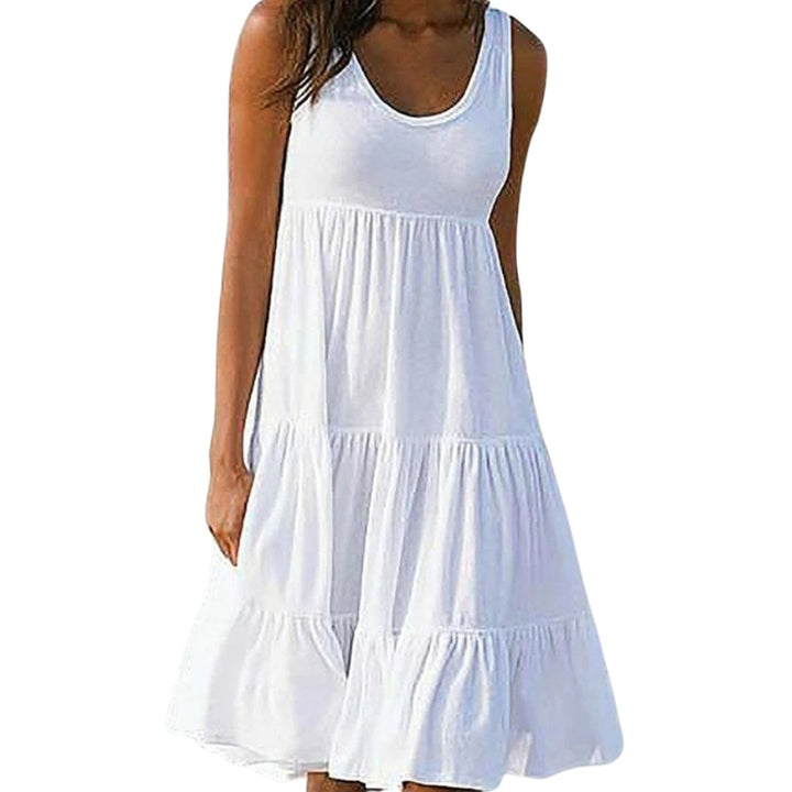 Boho Sleeveless Tiered Midi Dress Summer Scoop Neck - White