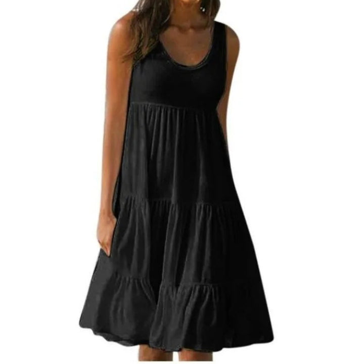 Boho Sleeveless Tiered Midi Dress Summer Scoop Neck - Black