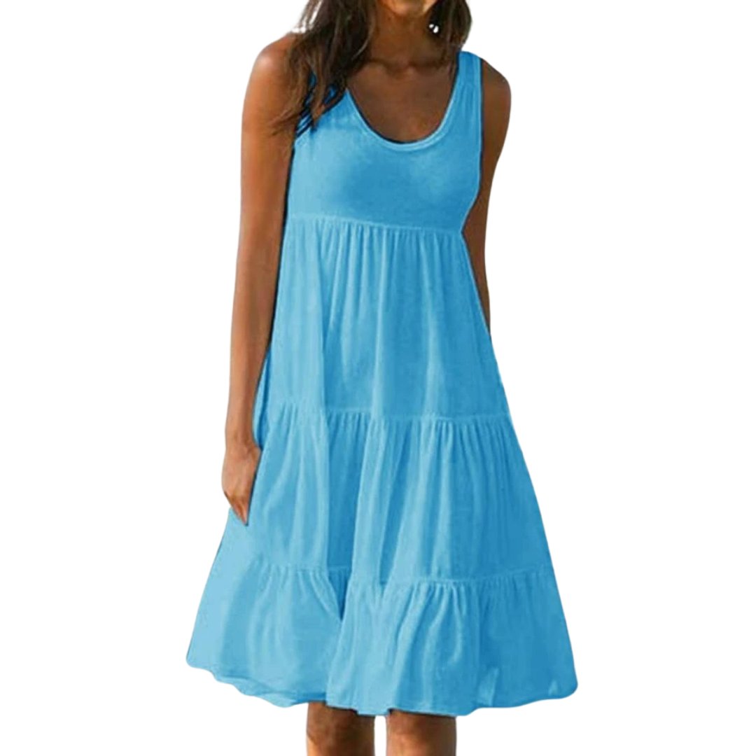 Boho Sleeveless Tiered Midi Dress Summer Scoop Neck - Light Blue