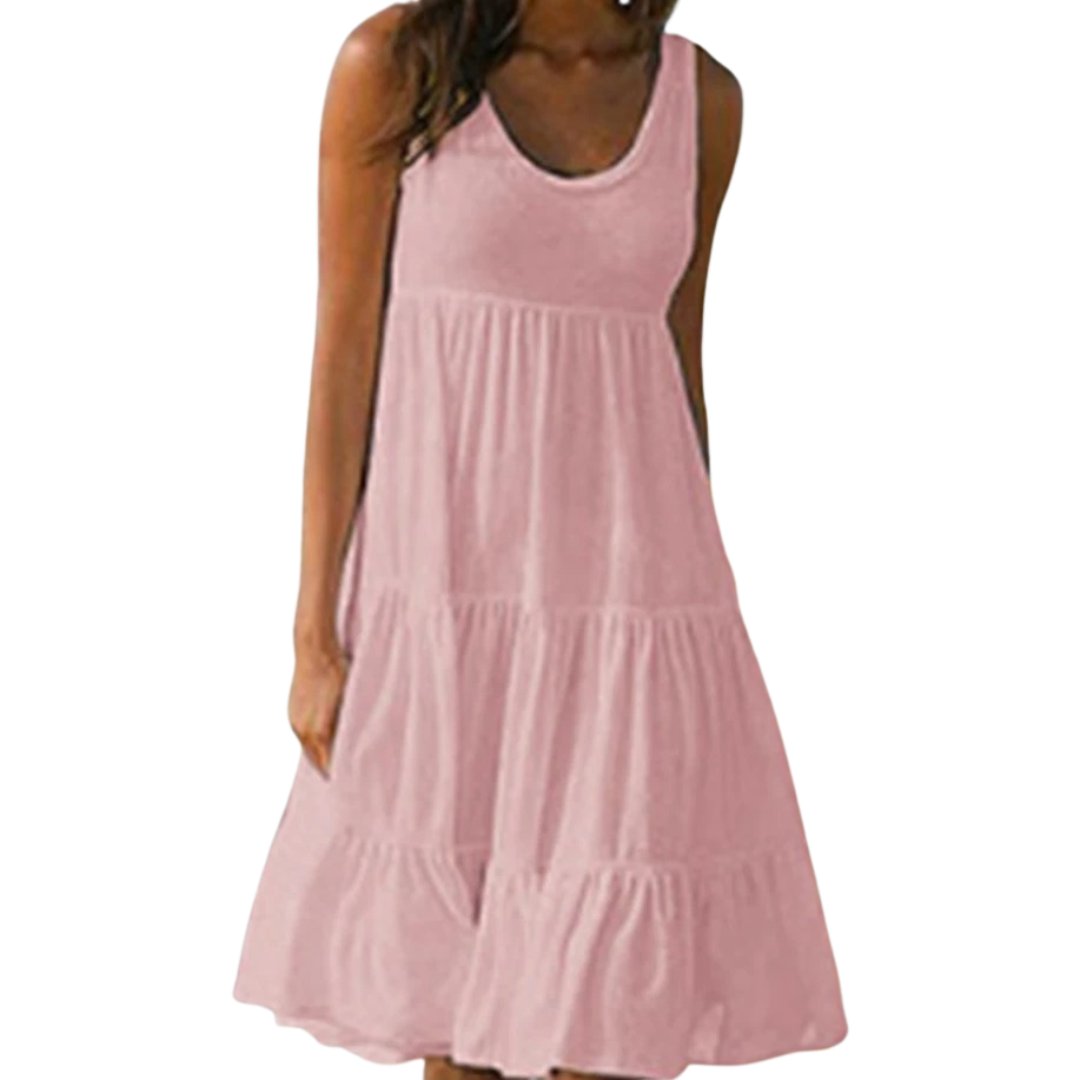 Boho Sleeveless Tiered Midi Dress Summer Scoop Neck - Pink