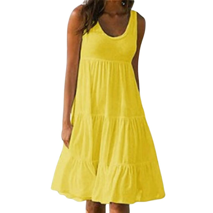 Boho Sleeveless Tiered Midi Dress Summer Scoop Neck - Yellow