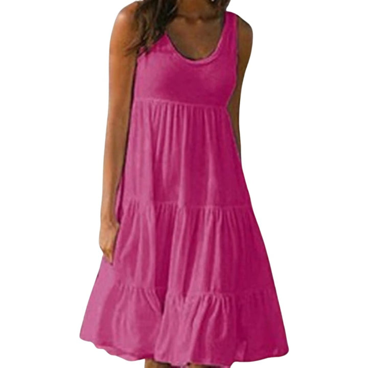 Boho Sleeveless Tiered Midi Dress Summer Scoop Neck - Rose Red