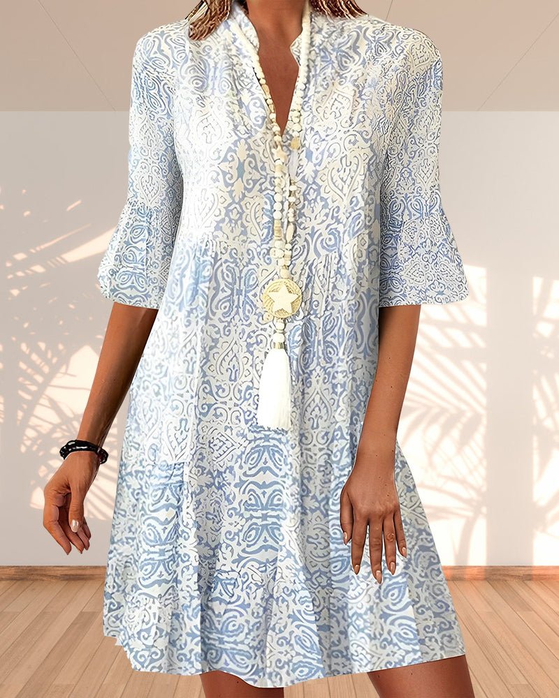 Boho Swing Dress V-Neck 3/4 Sleeve Paisley Print - Blue