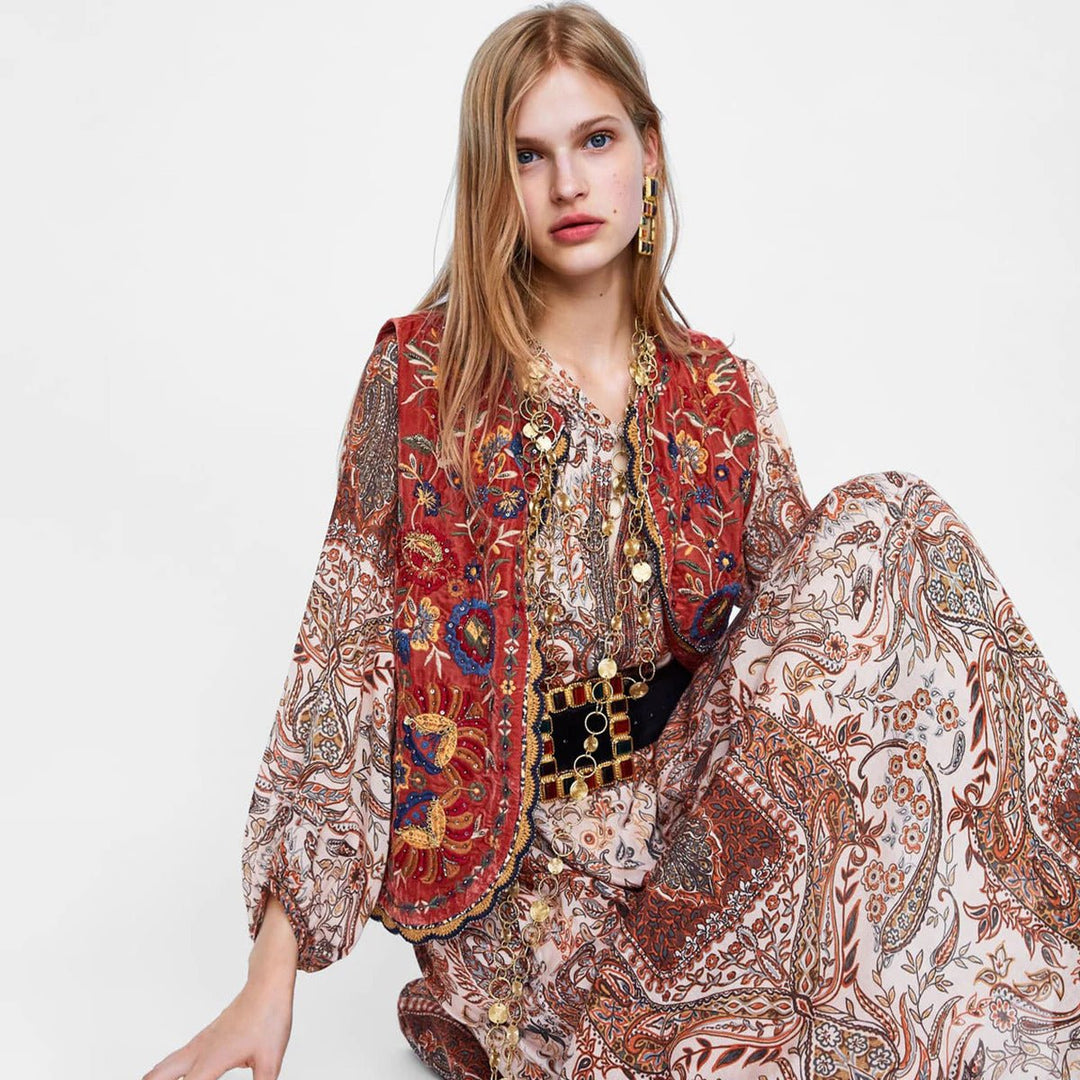 Boho Velvet Waistcoat Embroidered Paisley Print Layering - Red